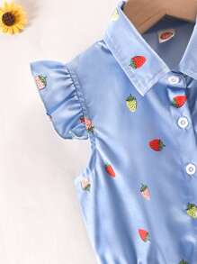 Blusa de sisa fruncido con estampado de fresa - Celeste - Ver 3