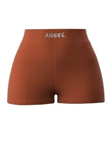 SHEIN ICON 90s Letter Embroidered Rib-knit Cycling Shorts - Rust Brown - View 1