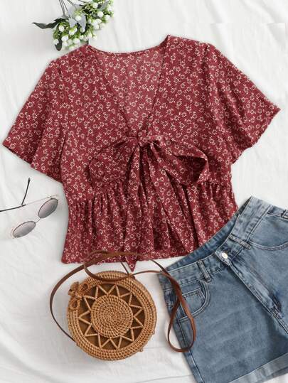 Ditsy Floral Tie Front Peplum Blouse For New Year Clothes Peplum Top