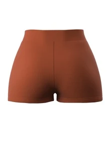 SHEIN ICON 90s Letter Embroidered Rib-knit Cycling Shorts - Rust Brown - View 2