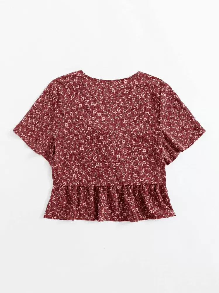 SHEIN LUNE Blouse à volants avec nœud à l'avant à fleurs marguerite pour vêtements du Nouvel An - Framboise - Voir 2