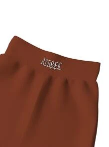 SHEIN ICON 90s Letter Embroidered Rib-knit Cycling Shorts - Rust Brown - View 3
