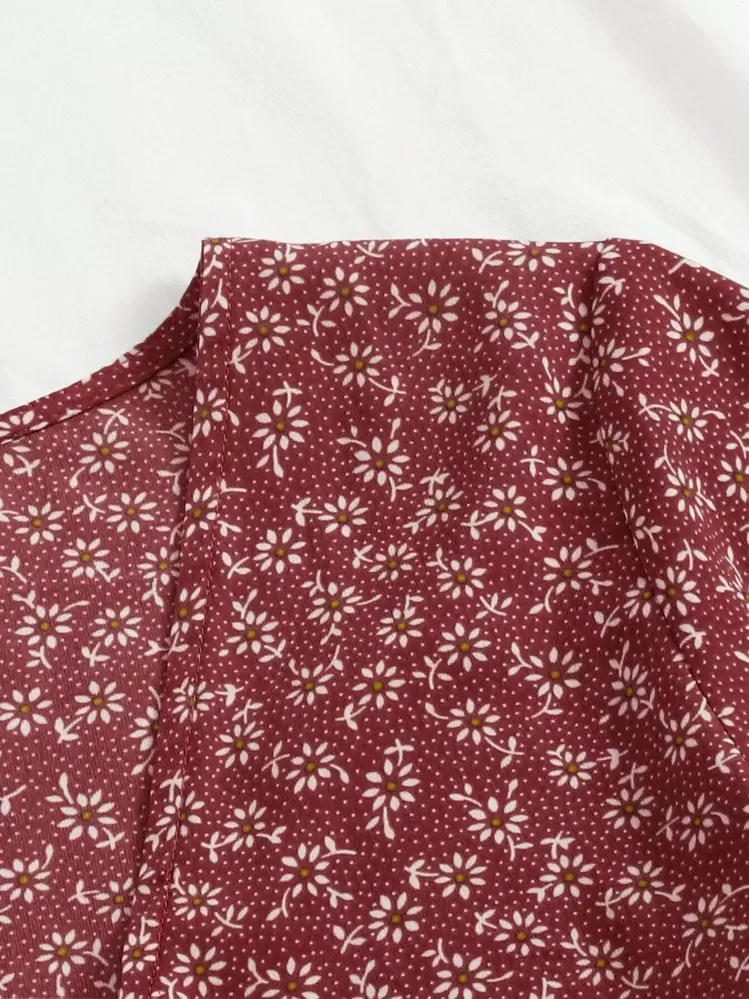 SHEIN LUNE Blouse à volants avec nœud à l'avant à fleurs marguerite pour vêtements du Nouvel An - Framboise - Voir 4