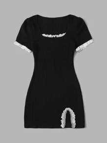 ROMWE Kawaii Contrast Lace Ribbed Split Bodycon Dress - Black - View 4