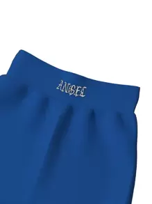SHEIN ICON 90s Letter Embroidered Rib-knit Cycling Shorts - Blue - View 3