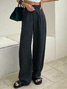 DAZY Striped Fold Pleated Tailored Trousers - Black - View 1