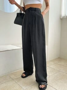 DAZY Striped Fold Pleated Tailored Trousers - Black - View 3