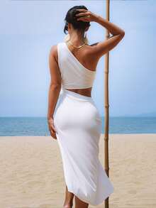 單肩鏤空側打結高衩連衣裙 - 白色 - 查看 2