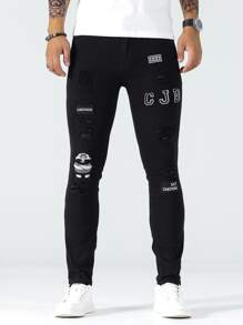 Manfinity LEGND Men Cotton Figure Embroidery Patch Detail Ripped Jeans, Black Ripped Jeans Men, Black Distressed Jeans - Black - View 6