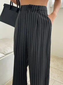 DAZY Striped Fold Pleated Tailored Trousers - Black - View 5
