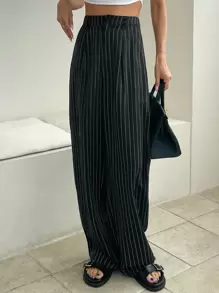 DAZY Striped Fold Pleated Tailored Trousers - Black - View 6