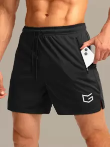 G Gradual Men Gym Shorts Graphic Print Drawstring Waist Sport Shorts With Phone Pocket Black Shorts Jogger Shorts Drawstring Shorts Summer Shorts - Black - View 1
