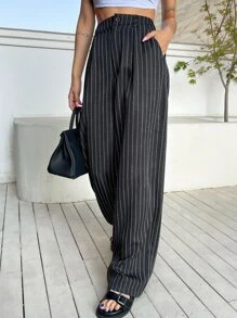 DAZY Striped Fold Pleated Tailored Trousers - Black - View 7
