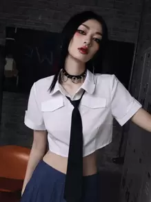 ROMWE Grunge Punk 纯色纽扣前衬衫和一条领带，学校 - 白色 - 查看 1