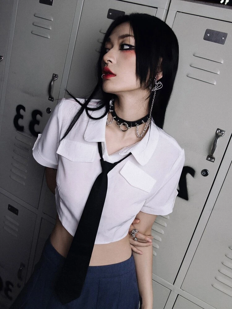 Solid Button Front Shirt & 1pc Tie, School