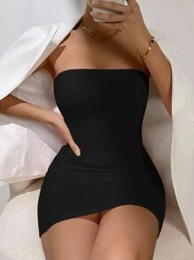 SHEIN Essnce 羅紋針織鏤空抹胸緊身洋裝 - 黑色 - 查看 6