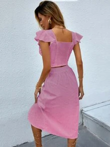 SHEIN Unity Crop Top mit Twist vorne, tiefem Kragen & Rock - Pink - Übersicht 2