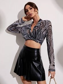 SHEIN Privé High Waist Plicated Detail Skirt - Black - View 5