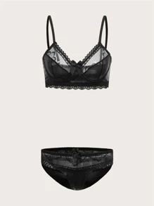 ROMWE Contrast Lace Bow Decor Lingerie Set - Black - View 1