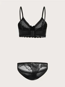 ROMWE Contrast Lace Bow Decor Lingerie Set - Black - View 2