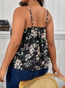 SHEIN Frenchy 加大花卉印花花边蕾丝边夏季波西米亚风吊带背心 - 黑色 - 查看 2