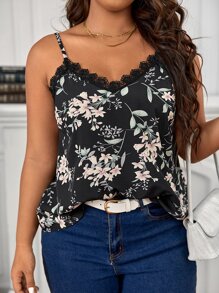 SHEIN Frenchy 加大花卉印花花边蕾丝边夏季波西米亚风吊带背心 - 黑色 - 查看 5