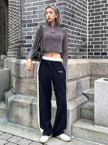 DAZY Letter Graphic Contrast Side Seam Trousers - Navy Blue - View 9