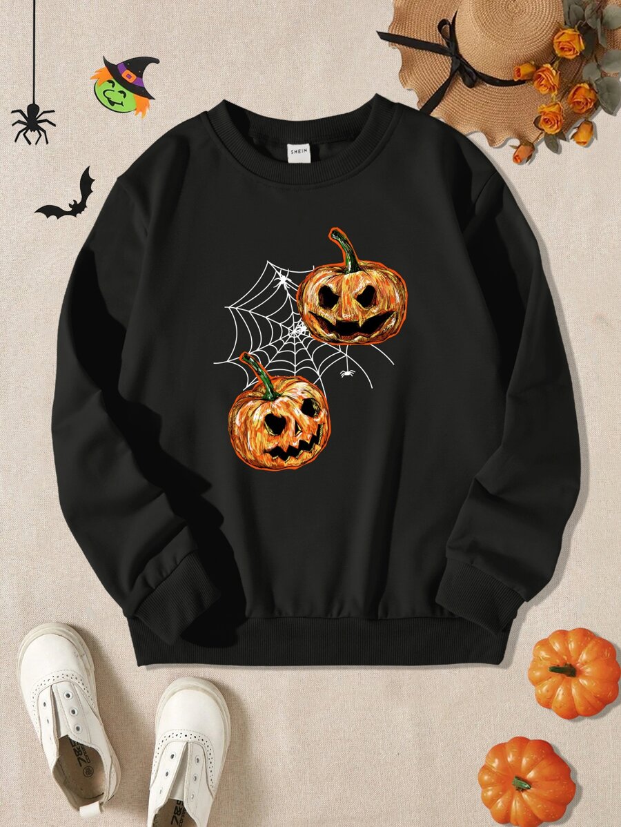 Girls 1pc Halloween Pumpkin Print Sweatshirt - Black - View 1