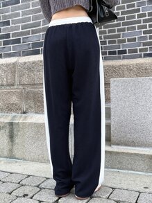 DAZY Letter Graphic Contrast Side Seam Trousers - Navy Blue - View 11