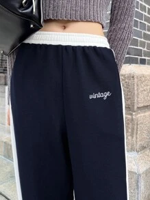 DAZY Letter Graphic Contrast Side Seam Trousers - Navy Blue - View 12