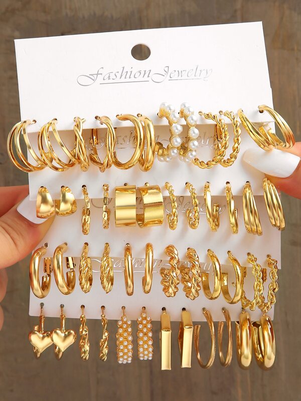 24pairs Heart & Faux Pearl Decor Hoop Earrings 48pcs Multielement