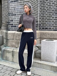 DAZY Letter Graphic Contrast Side Seam Trousers - Navy Blue - View 14