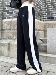 DAZY Letter Graphic Contrast Side Seam Trousers - Navy Blue - View 15