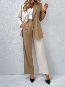 SHEIN Privé Two Tone Single Button Blazer & Pants - Multicolor - View 1