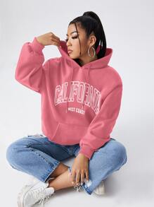 Flirla 大码字母图案口袋抽绳卫衣，女士秋冬款 - 粉色 - 查看 1