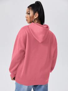 Flirla 大码字母图案口袋抽绳卫衣，女士秋冬款 - 粉色 - 查看 2