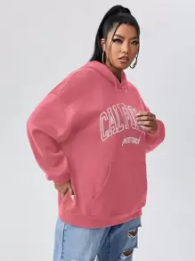 Flirla 大码字母图案口袋抽绳卫衣，女士秋冬款 - 粉色 - 查看 3