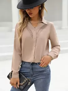 SHEIN LUNE 素色前紐扣襯衫 - 卡其色 - 查看 1