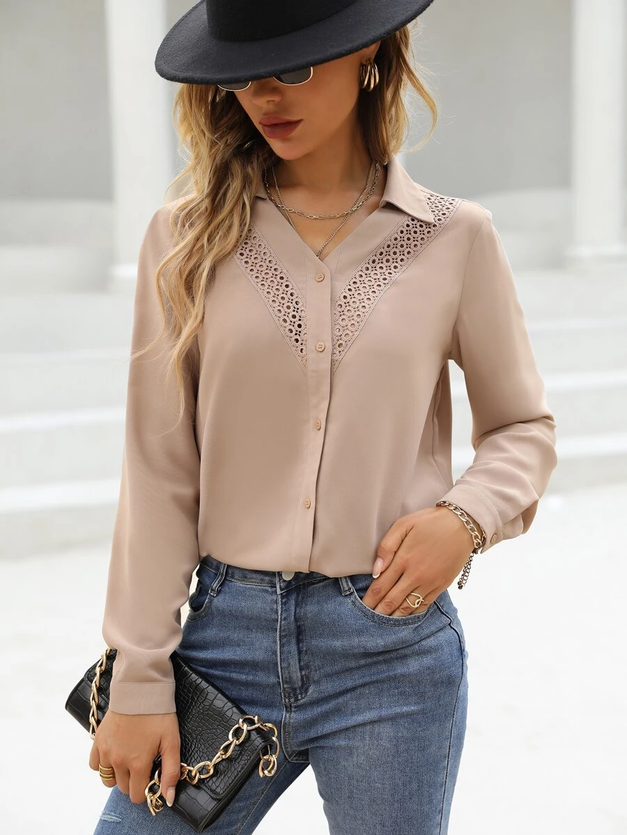 SHEIN LUNE 素色前紐扣襯衫 - 卡其色 - 查看 1