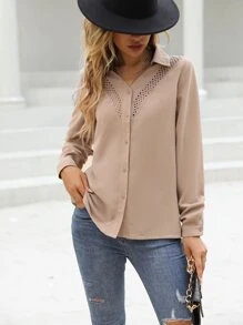SHEIN LUNE 素色前紐扣襯衫 - 卡其色 - 查看 4