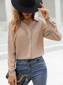 SHEIN LUNE 素色前紐扣襯衫 - 卡其色 - 查看 6