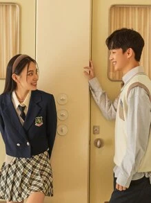 DAZY 1 chiếc áo khoác blazer ngắn cổ ve áo cài nút đôi thêu chữ trang phục công sở - Màu xanh hải quân - Xem 3