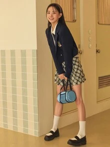 DAZY 1 chiếc áo khoác blazer ngắn cổ ve áo cài nút đôi thêu chữ trang phục công sở - Màu xanh hải quân - Xem 11