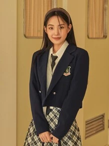 DAZY 1 chiếc áo khoác blazer ngắn cổ ve áo cài nút đôi thêu chữ trang phục công sở - Màu xanh hải quân - Xem 12