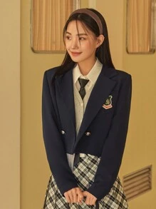 DAZY 1 chiếc áo khoác blazer ngắn cổ ve áo cài nút đôi thêu chữ trang phục công sở - Màu xanh hải quân - Xem 4