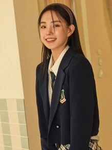 DAZY 1 chiếc áo khoác blazer ngắn cổ ve áo cài nút đôi thêu chữ trang phục công sở - Màu xanh hải quân - Xem 14