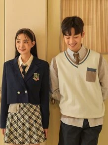 DAZY 1 chiếc áo khoác blazer ngắn cổ ve áo cài nút đôi thêu chữ trang phục công sở - Màu xanh hải quân - Xem 18