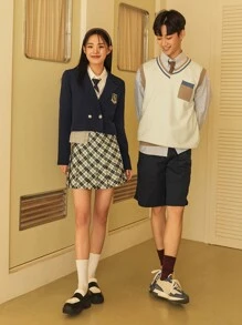 DAZY 1 chiếc áo khoác blazer ngắn cổ ve áo cài nút đôi thêu chữ trang phục công sở - Màu xanh hải quân - Xem 19