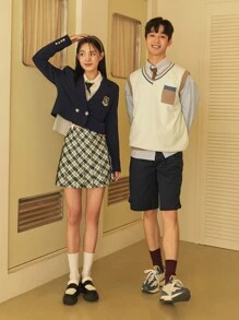 DAZY 1 chiếc áo khoác blazer ngắn cổ ve áo cài nút đôi thêu chữ trang phục công sở - Màu xanh hải quân - Xem 20