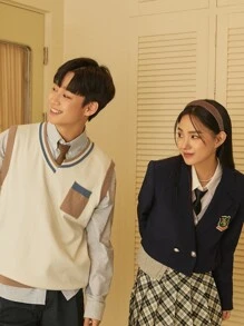 DAZY 1 chiếc áo khoác blazer ngắn cổ ve áo cài nút đôi thêu chữ trang phục công sở - Màu xanh hải quân - Xem 22